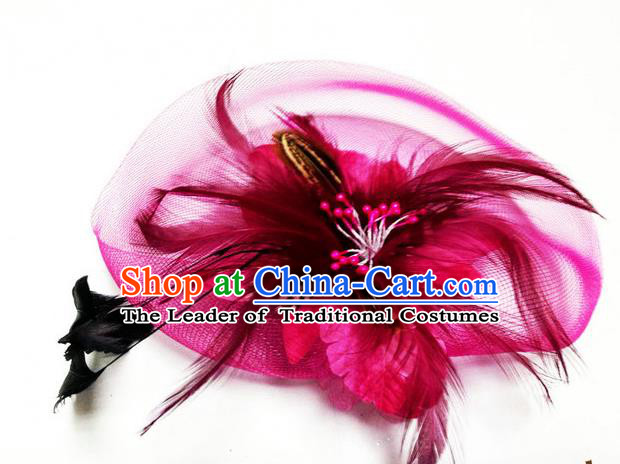 Traditional Chinese Folk Dance Headwear Yangko Hair Accessories, Chinese Classical Dance Wine Red Feather Veil Headpiece Hair Pin for Women