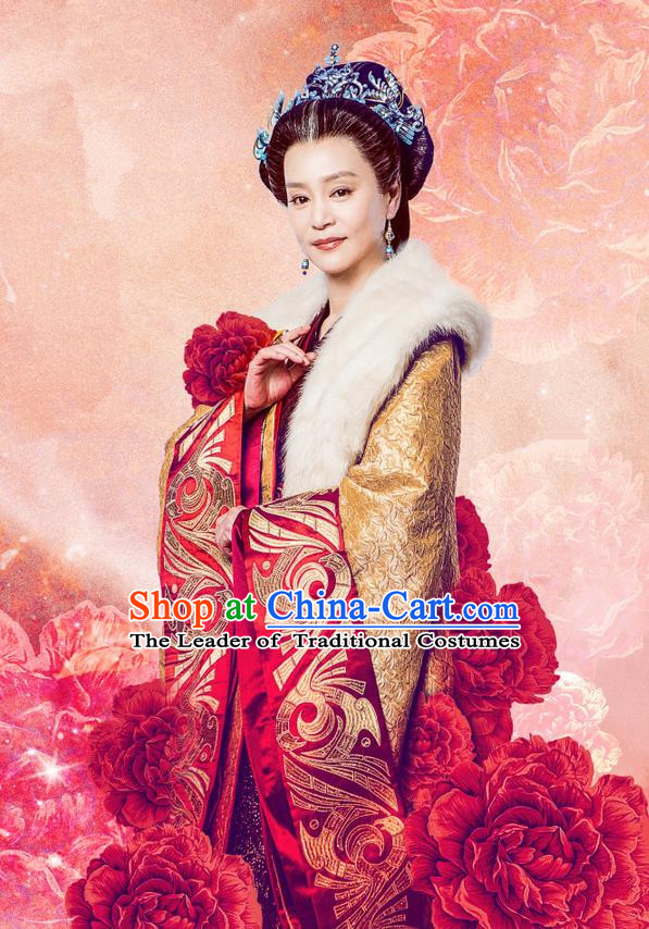 Traditional Chinese Ancient Song Dynasty Imperial Empress Dowager Costume and Headpiece Complete Set, Chinese Teleplay Flower Shabana Flyings Sky Queen Mother Embroidered Dress for Women