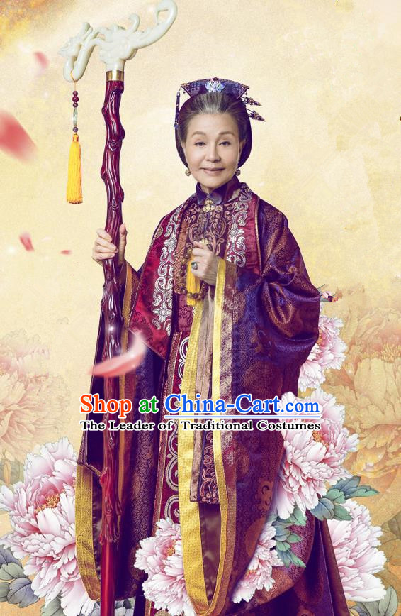 Traditional Chinese Ancient Song Dynasty Dowager Countess Costume and Headpiece Complete Set, Chinese Teleplay Flower Shabana Flyings Sky Vieille Dame Embroidered Dress for Women
