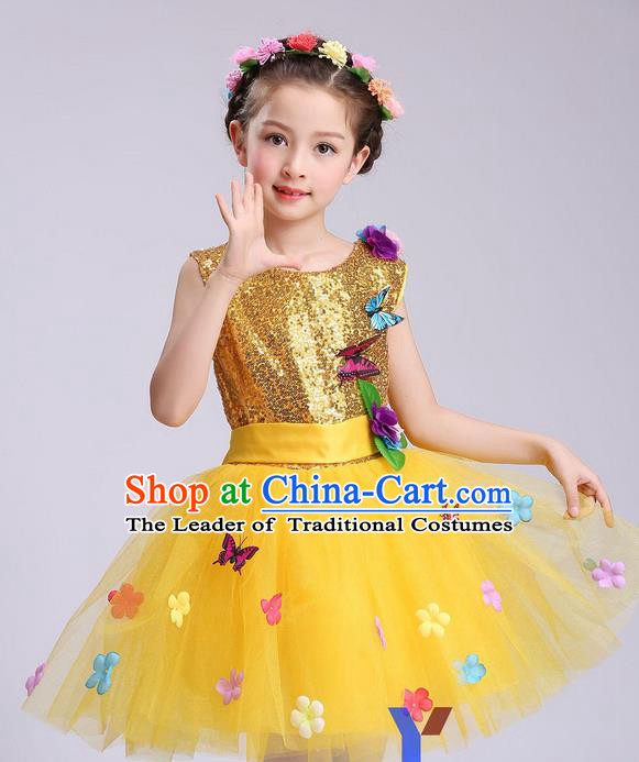 Chinese Modern Dance Compere Performance Costume, Children Opening Dance Chorus Dress, Classic Dance Yellow Veil Bubble Dress for Girls Kids