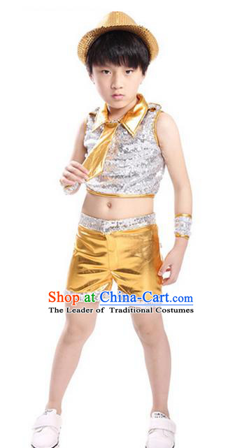 Chinese Modern Dance Costume, Children Opening Classic Chorus Uniforms, Jazz Dance Yellow Paillette Suit for Boys Kids