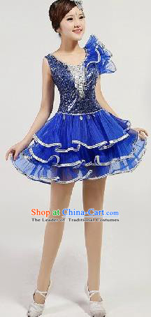 Chinese Compere Performance Costume, Opening Dance Chorus Dress, Modern Dance Classic Dance Blue Bubble Dress for Women