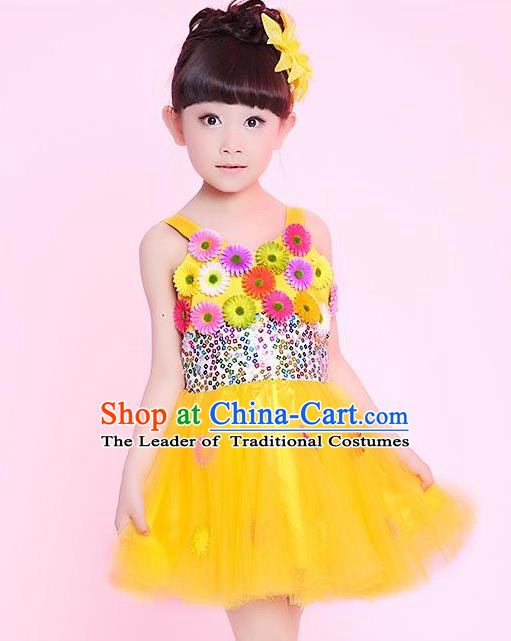 Traditional Chinese Modern Dance Compere Performance Costume, Children Opening Dance Chorus Flowers Dress, Classic Dance Yellow Bubble Dress for Girls Kids