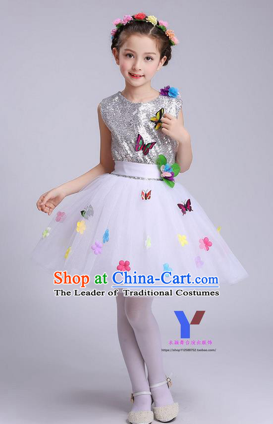 Traditional Chinese Modern Dance Compere Performance Costume, Children Opening Dance Chorus Dress, Classic Dance White Veil Bubble Dress for Girls Kids