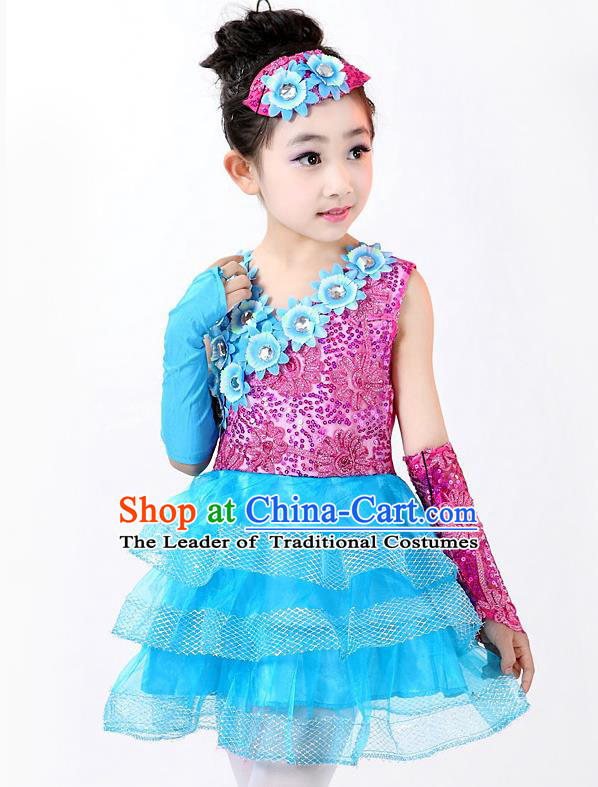 Top Grade Professional Performance Catwalks Costume, Children Chorus Full Dress Modern Dance Little Princess Paillette Blue Bubble Dress for Girls Kids