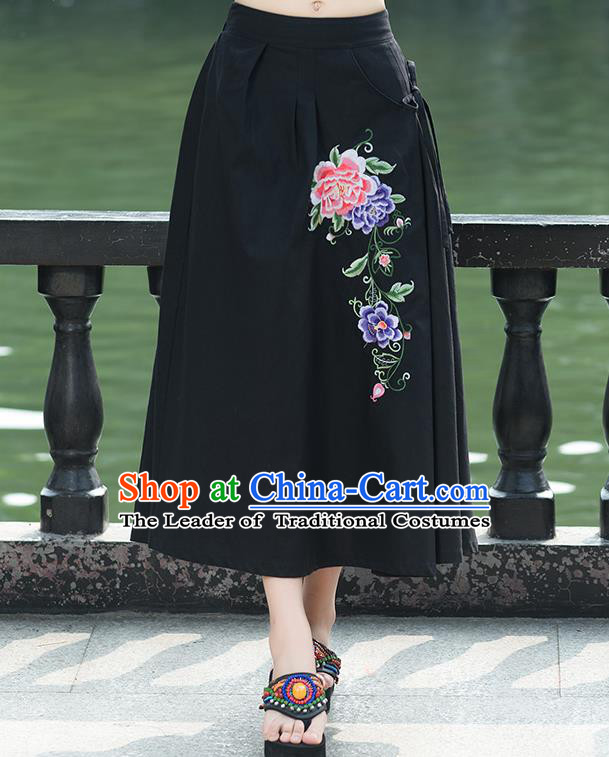Traditional Ancient Chinese National Pleated Skirt Costume, Elegant Hanfu Linen Embroidery Long Black Skirts, China Tang Suit Bust Skirt for Women