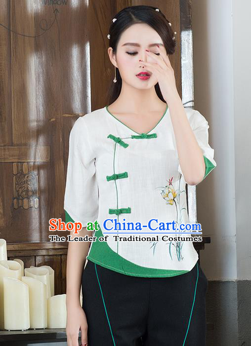 Traditional Chinese National Costume, Elegant Hanfu Printing Orchid Flowers Slant Opening White T-Shirt, China Tang Suit Republic of China Plated Buttons Chirpaur Blouse Cheong-sam Upper Outer Garment Qipao Shirts Clothing for Women
