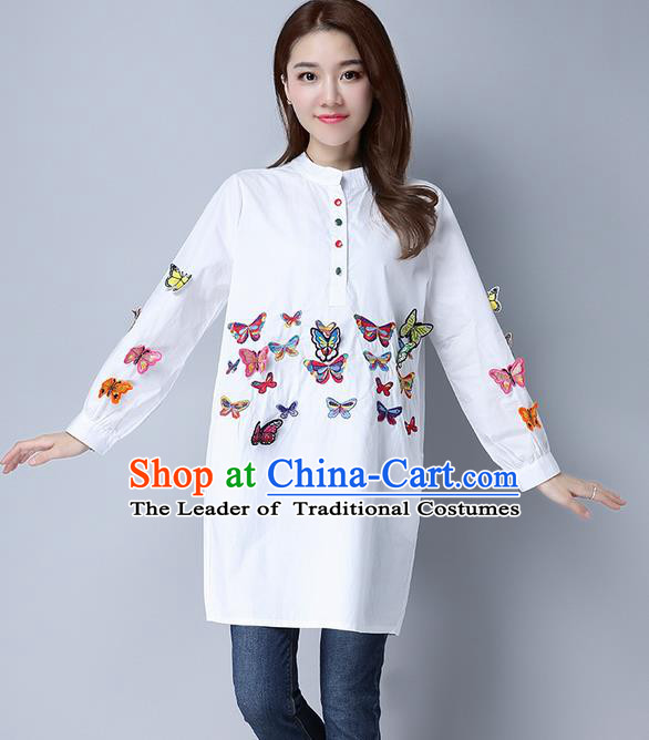 Traditional Chinese National Costume, Elegant Hanfu Patch Embroidery Butterfly White Shirt, China Tang Suit Republic of China Chirpaur Blouse Cheong-sam Upper Outer Garment Qipao Shirts Clothing for Women