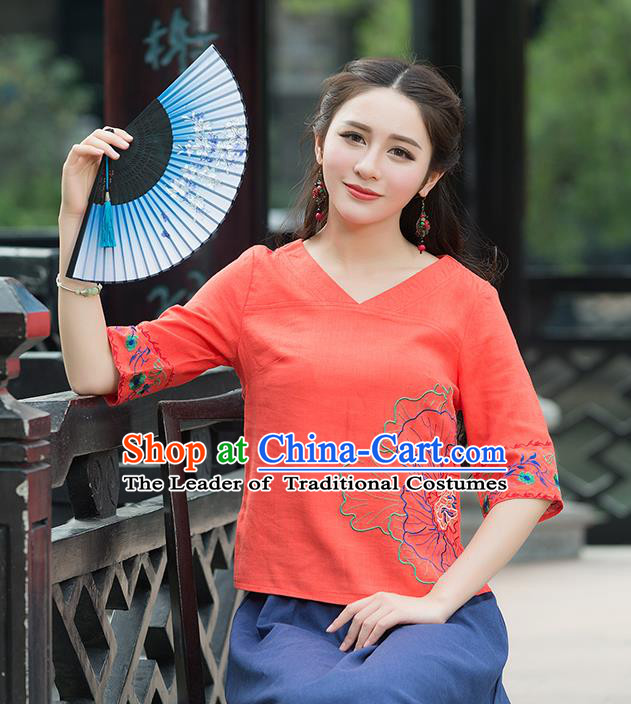 Traditional Chinese National Costume, Elegant Hanfu Embroidery Flowers Orange T-Shirt, China Tang Suit Republic of China Chirpaur Blouse Cheong-sam Upper Outer Garment Qipao Shirts Clothing for Women