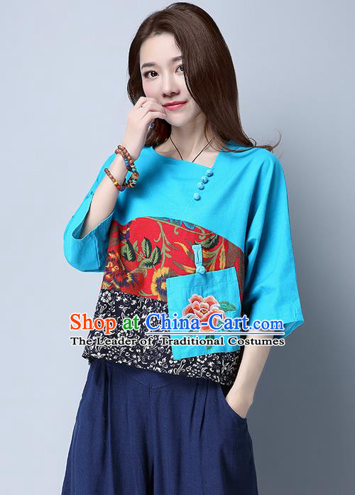 Traditional Chinese National Costume, Elegant Hanfu Patch Embroidery Flowers Blue Blouse, China Tang Suit Republic of China Plated Buttons Chirpaur Blouse Cheong-sam Upper Outer Garment Qipao Shirts Clothing for Women