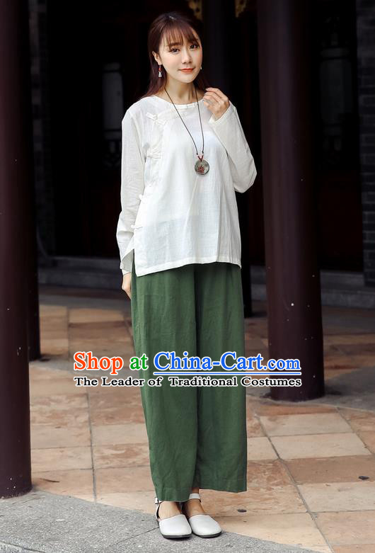Traditional Chinese National Costume Loose Pants, Elegant Hanfu Linen Green Wide leg Pants, China Ethnic Minorities Tang Suit Folk Dance Ultra-wide-leg Trousers for Women