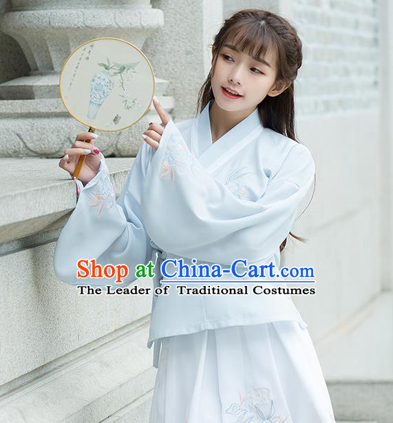 Traditional Ancient Chinese Costume, Elegant Hanfu Clothing Embroidered Slant Opening Blue Blouse, China Ming Dynasty Princess Elegant Blouse Shirts for Women