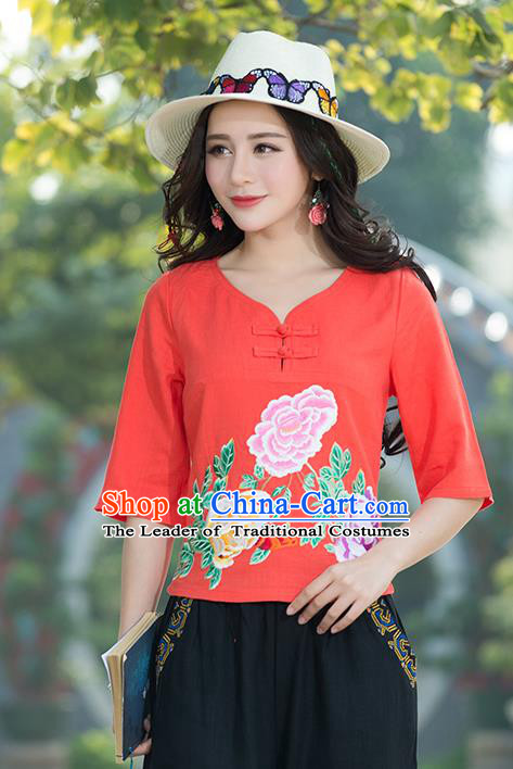 Traditional Chinese National Costume, Elegant Hanfu Embroidery Flowers Orange T-Shirt, China Tang Suit Republic of China Plated Buttons Chirpaur Blouse Cheong-sam Upper Outer Garment Qipao Shirts Clothing for Women
