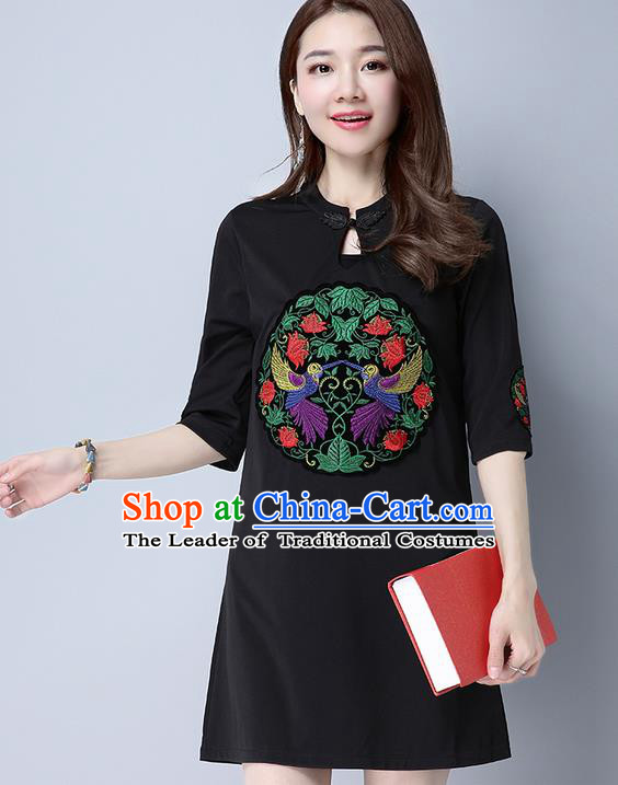 Traditional Ancient Chinese National Costume, Elegant Hanfu Mandarin Qipao Patch Embroidery Black Dress, China Tang Suit Plated Button Chirpaur Republic of China Cheongsam Upper Outer Garment Elegant Dress Clothing for Women