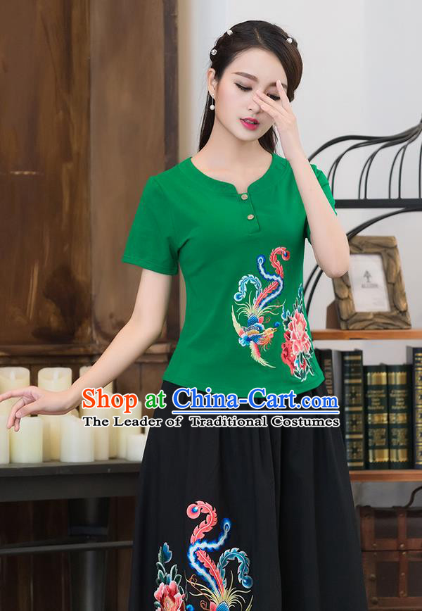 Traditional Chinese National Costume, Elegant Hanfu Embroidery Phoenix Flowers Green T-Shirt, China Tang Suit Republic of China Chirpaur Blouse Cheong-sam Upper Outer Garment Qipao Shirts Clothing for Women