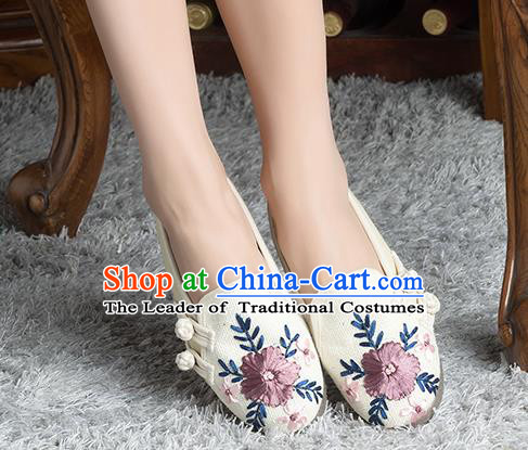 Traditional Chinese Shoes, China Handmade Linen Embroidered Plated Button White Shoes, China Ancient Cloth Shoes for Women