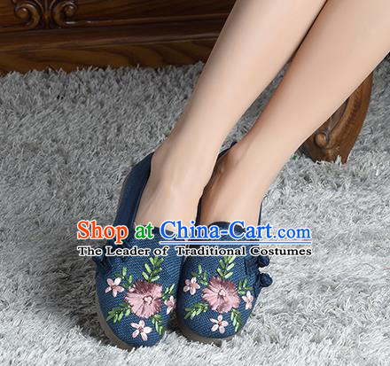 Traditional Chinese Shoes, China Handmade Linen Embroidered Plated Button Navy Shoes, China Ancient Cloth Shoes for Women