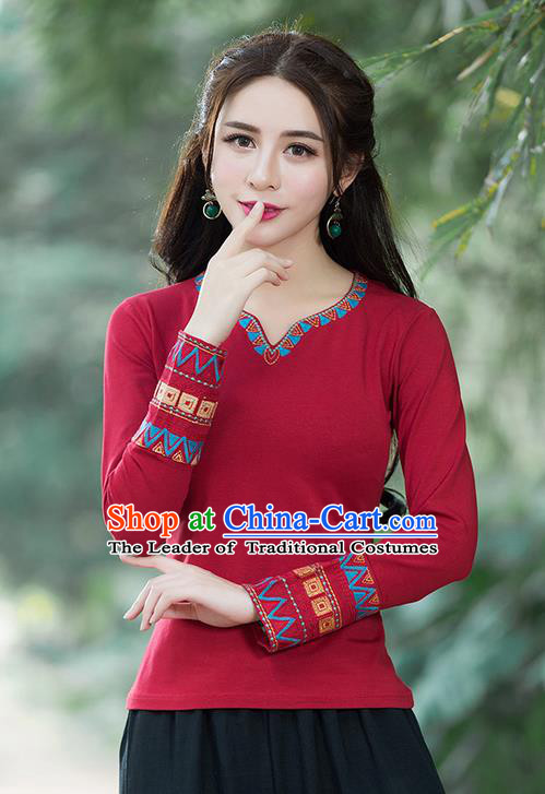 Traditional Chinese National Costume, Elegant Hanfu Embroidery Red T-Shirt, China Tang Suit National Minority Blouse Cheong-sam Upper Outer Garment Qipao Shirts Clothing for Women