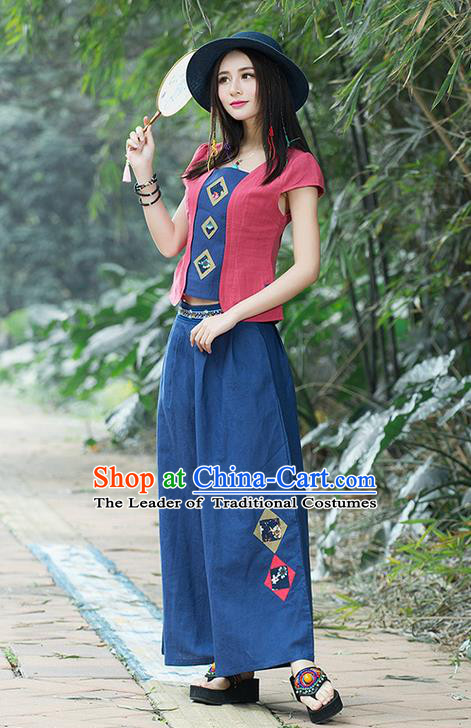 Traditional Chinese National Costume, Elegant Hanfu Embroidery Red T-Shirt and Loose Pants Complete Set, China Tang Suit Plated Buttons Blouse and Dockers for Women
