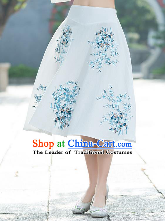 Traditional Ancient Chinese National Pleated Skirt Costume, Elegant Hanfu Embroidery White Dress, China Tang Suit Big Swing Bust Skirt for Women