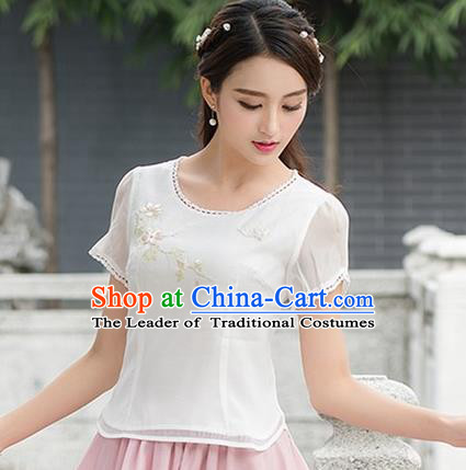 Traditional Chinese National Costume, Elegant Hanfu Embroidery Organza T-Shirt, China Tang Suit Republic of China Plated Buttons Chirpaur Blouse Cheong-sam Upper Outer Garment Qipao Shirts Clothing for Women