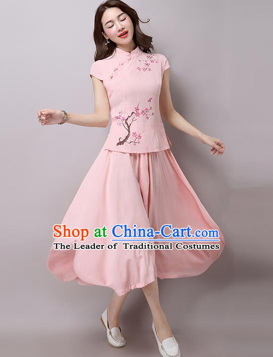 Traditional Chinese National Costume, Elegant Hanfu Embroidery Flowers Slant Opening Pink T-Shirt and Skirt Complete Set, China Tang Suit Republic of China Plated Buttons Chirpaur Blouse and Dress for Women