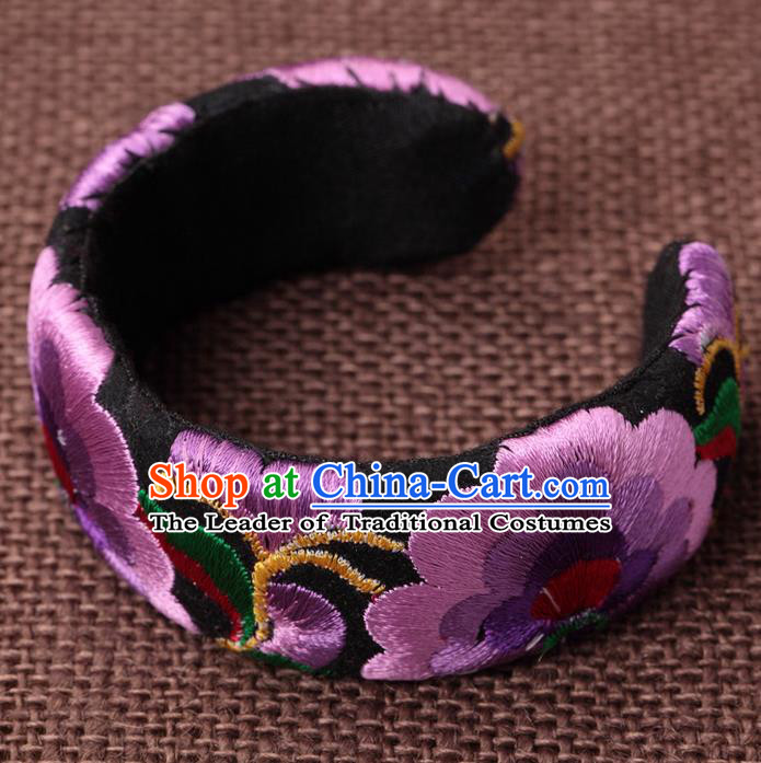 Traditional Chinese Miao Nationality Crafts, Hmong Handmade Miao Silver Embroidery Purple Bracelet, Miao Ethnic Minority Bangle Accessories for Women