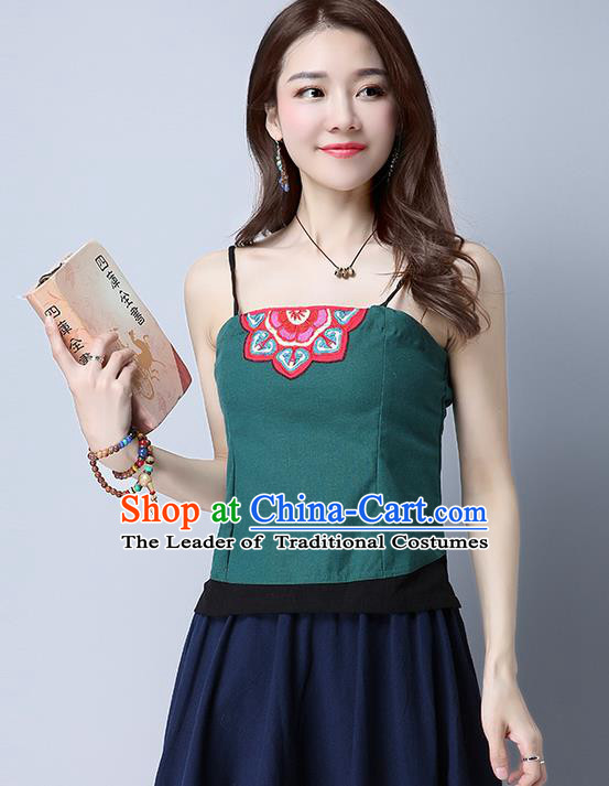 Traditional Ancient Chinese National Costume, Elegant Hanfu Green Bellyband Shirt, China Tang Suit Patch Embroidery Undergarment Blouse Cheongsam Yellow Camisole Shirts Clothing for Women