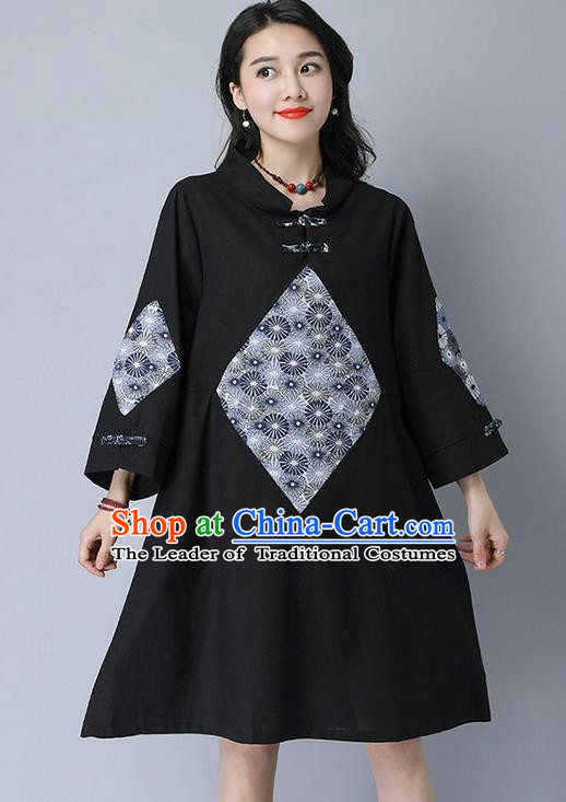 Traditional Ancient Chinese National Costume, Elegant Hanfu Mandarin Qipao Linen Patch Black Dress, China Tang Suit Chirpaur Republic of China Cheongsam Upper Outer Garment Elegant Dress Clothing for Women