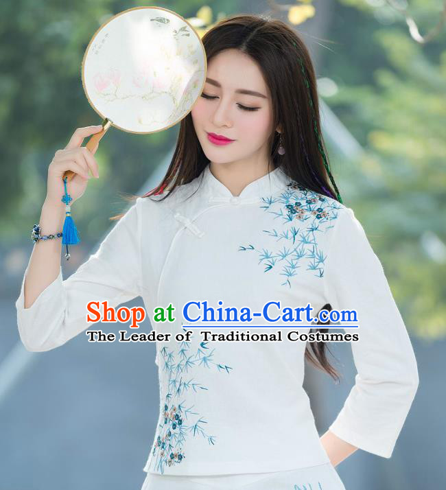 Traditional Chinese National Costume, Elegant Hanfu Embroidery Slant Opening White T-Shirt, China Tang Suit Republic of China Chirpaur Blouse Cheong-sam Upper Outer Garment Qipao Shirts Clothing for Women