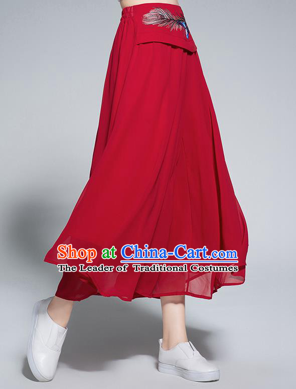 Traditional Chinese National Costume Loose Pants, Elegant Hanfu Embroidered Belt Chiffon Red Wide leg Pants, China Ethnic Minorities Tang Suit Ultra-wide-leg Trousers for Women