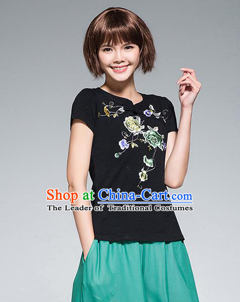 Traditional Chinese National Costume, Elegant Hanfu Embroidery Flowers Black T-Shirt, China Tang Suit Plated Buttons Chirpaur Blouse Cheong-sam Upper Outer Garment Qipao Shirts Clothing for Women