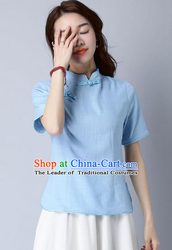 Traditional Chinese National Costume, Elegant Hanfu Stand Collar Blue T-Shirt, China Tang Suit Republic of China Plated Buttons Chirpaur Blouse Cheong-sam Upper Outer Garment Qipao Shirts Clothing for Women