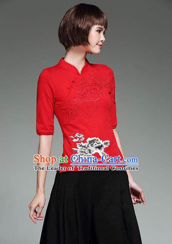 Traditional Chinese National Costume, Elegant Hanfu Stand Collar Red T-Shirt, China Tang Suit Plated Buttons Chirpaur Blouse Cheong-sam Upper Outer Garment Qipao Shirts Clothing for Women