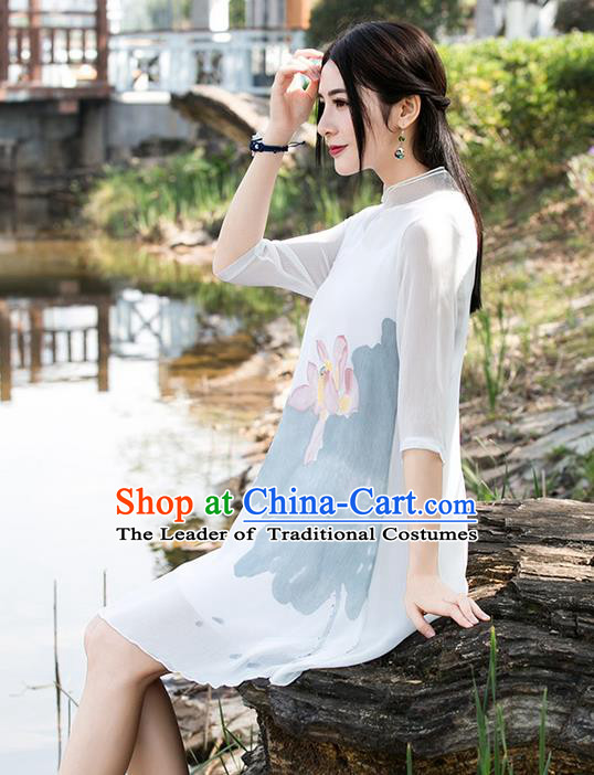 Traditional Ancient Chinese National Costume, Elegant Hanfu Mandarin Qipao Linen Hand Painting Lotus White Dress, China Tang Suit Chirpaur Republic of China Cheongsam Upper Outer Garment Elegant Dress Clothing for Women