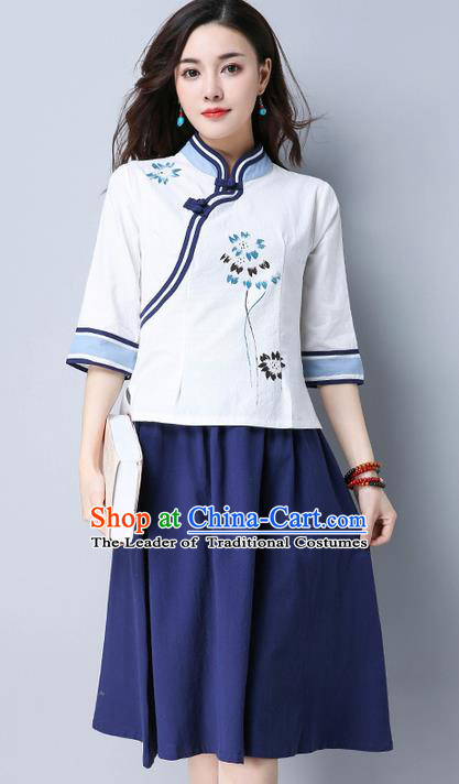 Traditional Ancient Chinese National Costume, Elegant Hanfu Mandarin Qipao Linen Hand Painting Blouse and Dress, China Tang Suit Chirpaur Republic of China Cheongsam Upper Outer Garment and Skirt Clothing for Women