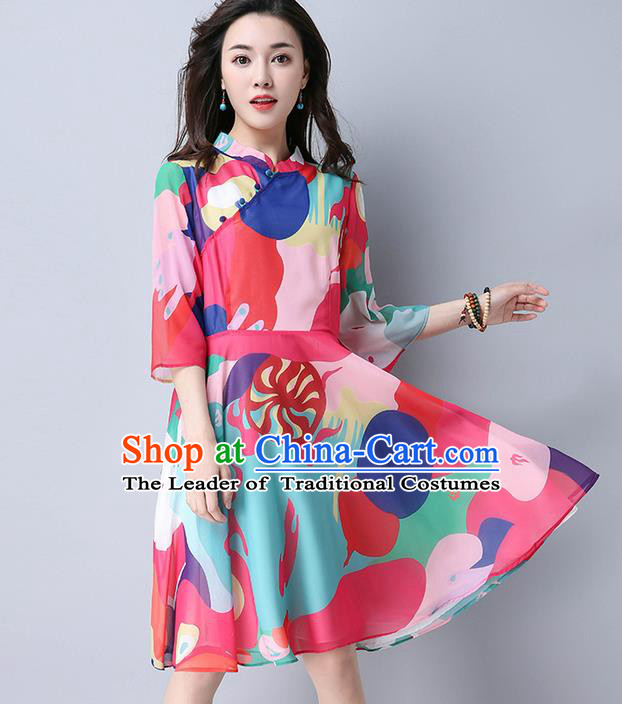 Traditional Ancient Chinese National Costume, Elegant Hanfu Mandarin Qipao Printing Red Bubble Dress, China Tang Suit Stand Collar Chirpaur Republic of China Cheongsam Upper Outer Garment Elegant Dress Clothing for Women