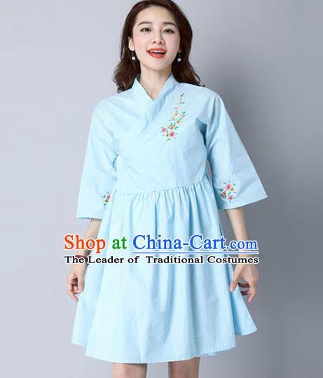 Traditional Ancient Chinese National Costume, Elegant Hanfu Mandarin Qipao Linen Hand Painting Blue Dress, China Tang Suit Cheongsam Upper Outer Garment Elegant Dress Clothing for Women