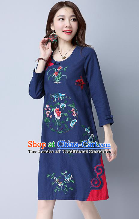 Traditional Ancient Chinese National Costume, Elegant Hanfu Mandarin Qipao Embroidery Navy Dress, China Tang Suit Chirpaur Upper Outer Garment Elegant Dress Clothing for Women