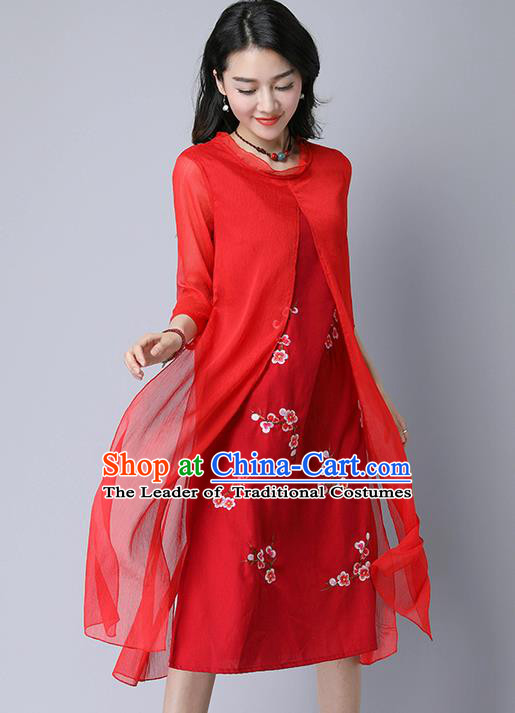 Traditional Ancient Chinese National Costume, Elegant Hanfu Mandarin Qipao Embroidery Red Dress, China Tang Suit Chirpaur Upper Outer Garment Elegant Dress Clothing for Women
