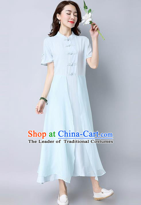 Traditional Ancient Chinese National Costume, Elegant Hanfu Mandarin Qipao Linen Blue Dress, China Tang Suit Chirpaur Republic of China Cheongsam Upper Outer Garment Elegant Dress Clothing for Women