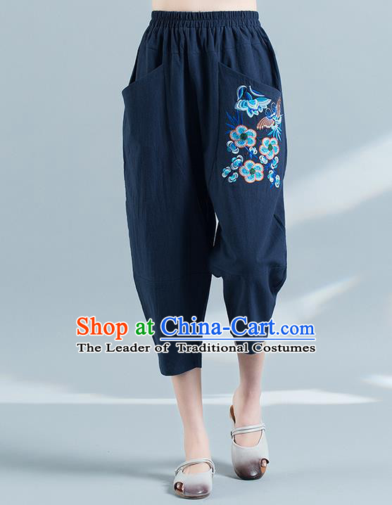 Traditional Chinese National Costume Plus Fours, Elegant Hanfu Embroidered Folk Dance Navy Bloomers, China Ethnic Minorities Tang Suit Pantalettes for Women