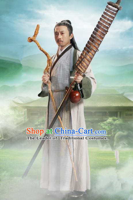 Traditional Ancient Chinese Swordsman Costume, Chinese Jiang hu Taoist Priest Dress, Cosplay Chinese Television Drama Jade Dynasty Qing Yun Faction Old Michinaga Hanfu Clothing for Men