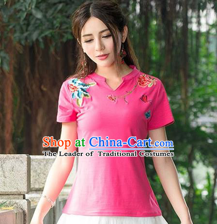Traditional Chinese National Costume, Elegant Hanfu Embroidery Flowers Pink Base T-Shirt, China Tang Suit Republic of China Chirpaur Blouse Cheong-sam Upper Outer Garment Qipao Shirts Clothing for Women