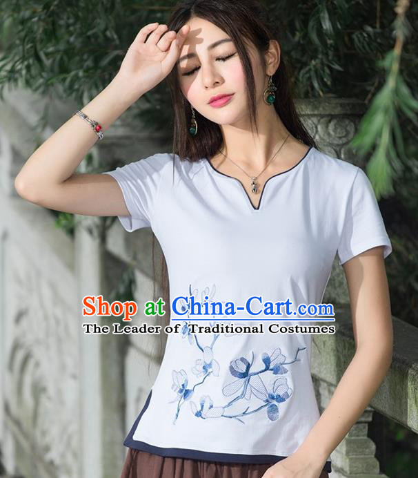 Traditional Chinese National Costume, Elegant Hanfu Embroidery Flowers White T-Shirt, China Tang Suit Cheong-sam Upper Outer Garment Qipao Shirts Clothing for Women