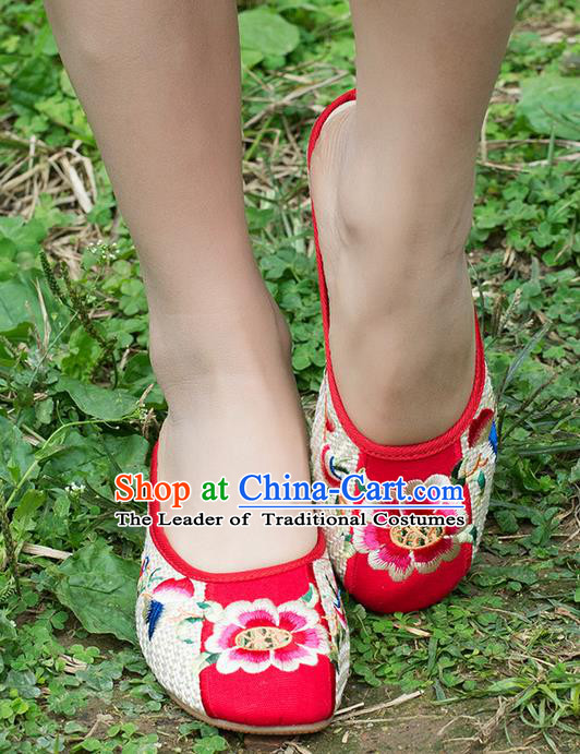 Traditional Chinese Shoes, China Handmade Embroidered Peony Slippers White Shoes, Ancient Princess Linen Shoes for Women