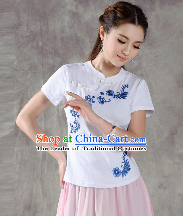 Traditional Chinese National Costume, Elegant Hanfu Embroidery Flowers Slant Opening White T-Shirt, China Tang Suit Stand Collar Plated Buttons Chirpaur Blouse Cheong-sam Upper Outer Garment Qipao Shirts Clothing for Women