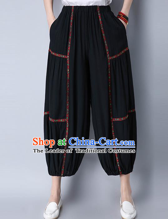 Traditional Chinese National Costume Plus Fours, Elegant Hanfu Embroidered Black Bloomers, China Ethnic Minorities Folk Dance Tang Suit Pantalettes for Women