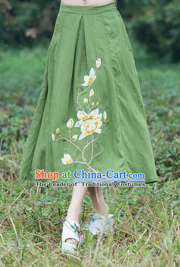 Traditional Ancient Chinese National Pleated Skirt Costume, Elegant Hanfu Linen Embroidery Long Green Dress, China Tang Suit Bust Skirt for Women