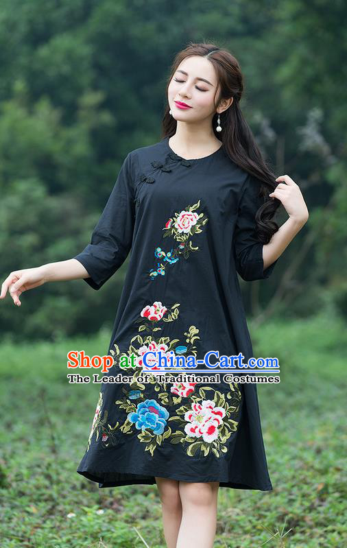 Traditional Ancient Chinese National Costume, Elegant Hanfu Embroidered Black Dress, China Tang Suit Chirpaur Cheongsam Elegant Dress Clothing for Women